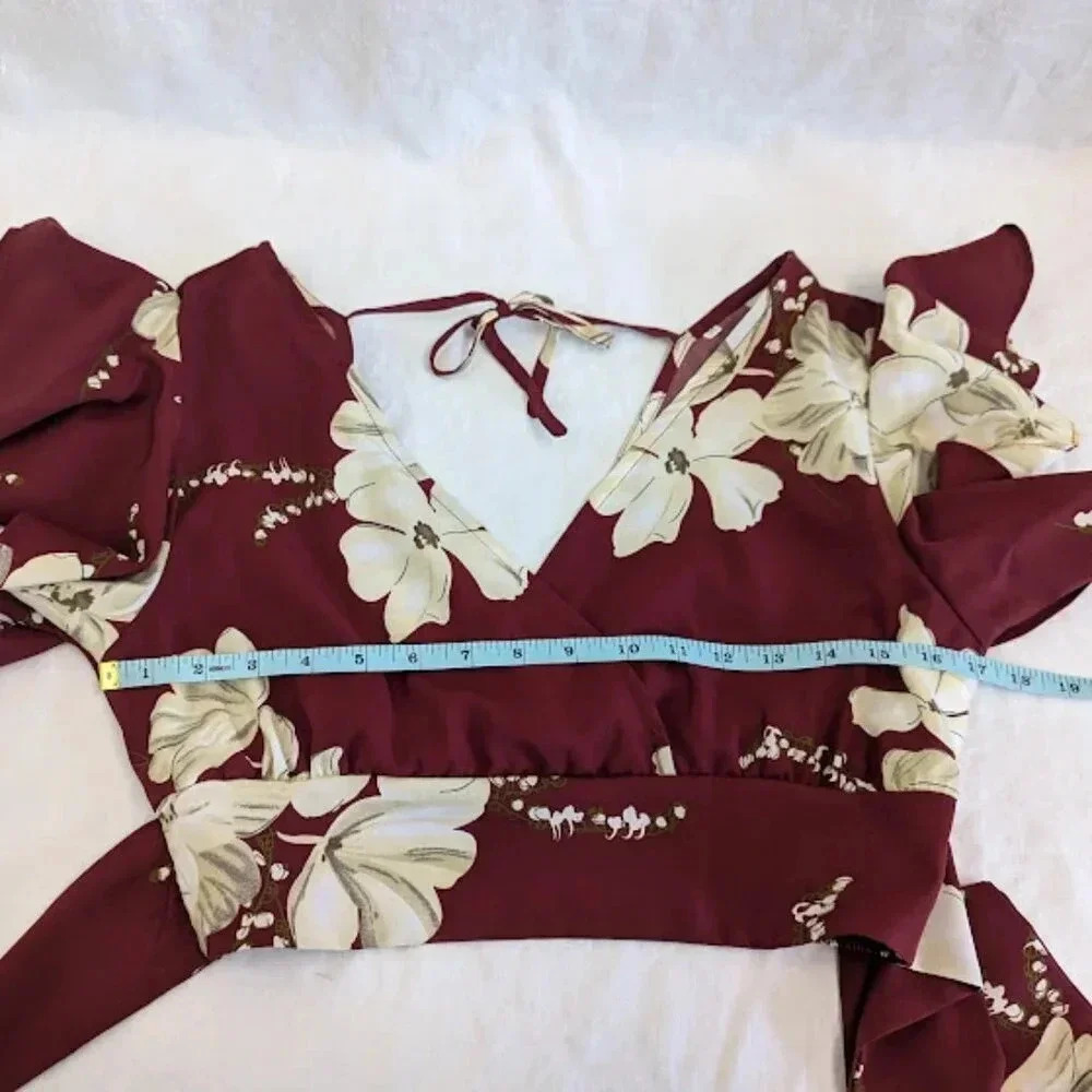 2 piece burgundy & cream floral, high waist shorts & crop top, Women's M O14 - Picture 7 of 8